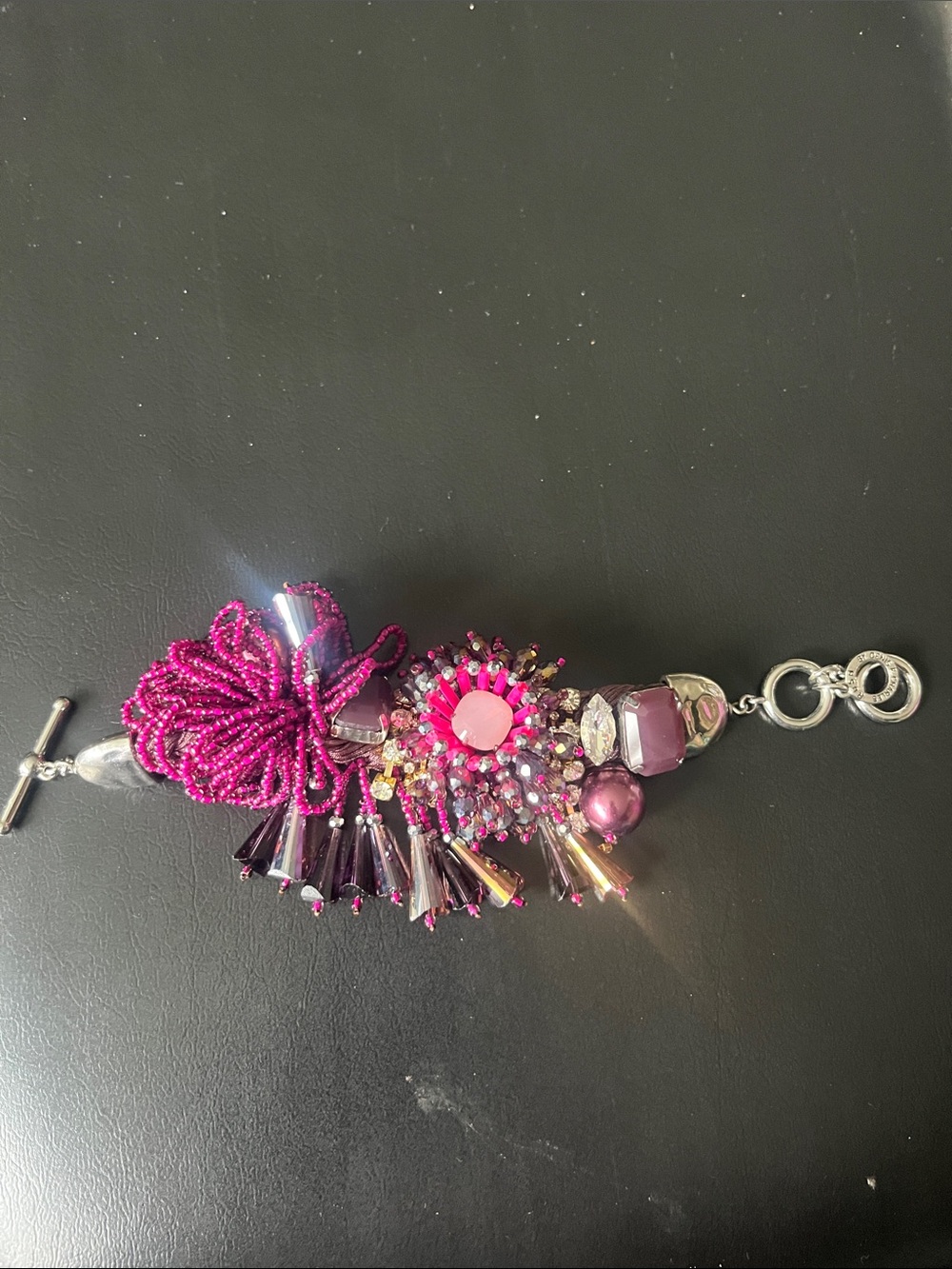 Fuchsia Beaded Floral Cluster Bracelet with Toggle Closure